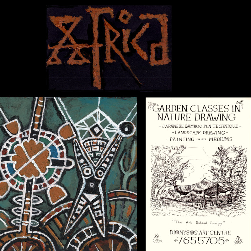 A hand-painted title reads Africa above a painting of a dancing figure and a poster advertising art classes