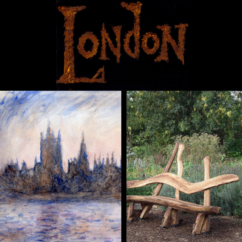 A hand-painted title reads London above a watercolour painting of Westminster and a photographs of an organic wooden bench in a wild garden